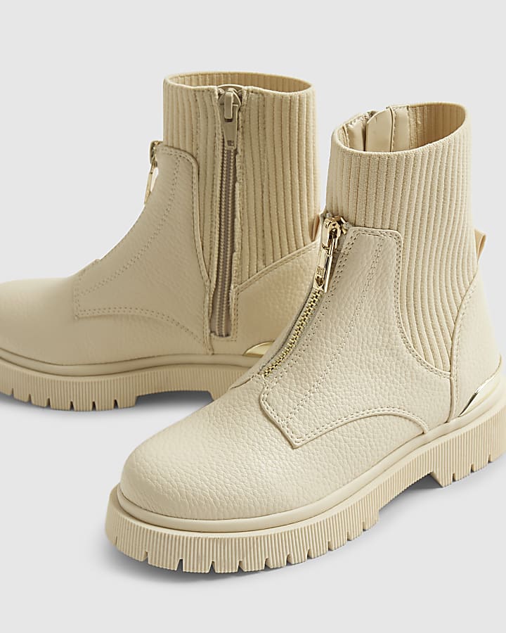 Girls Cream Zip Front Boots