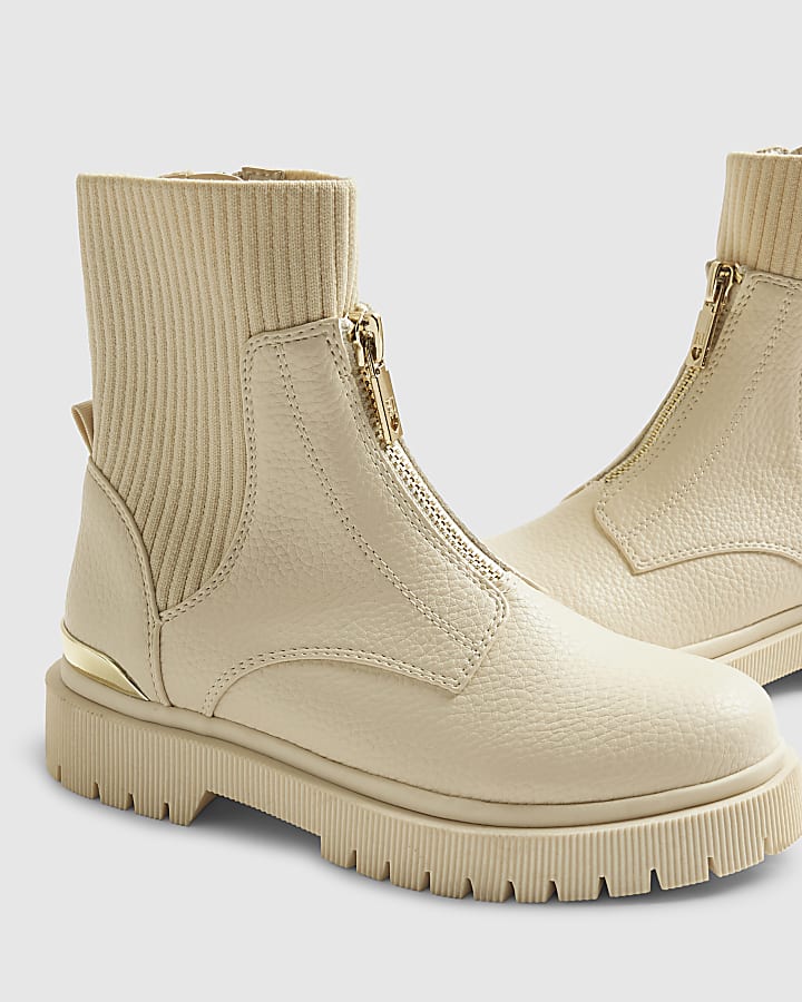 Girls Cream Zip Front Boots