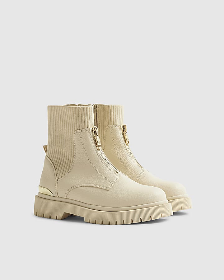 Girls Cream Zip Front Boots