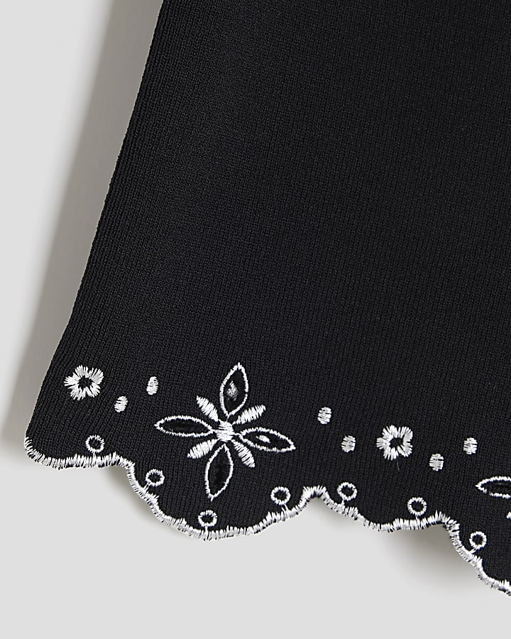 Girls Black Embroidered Hem Top