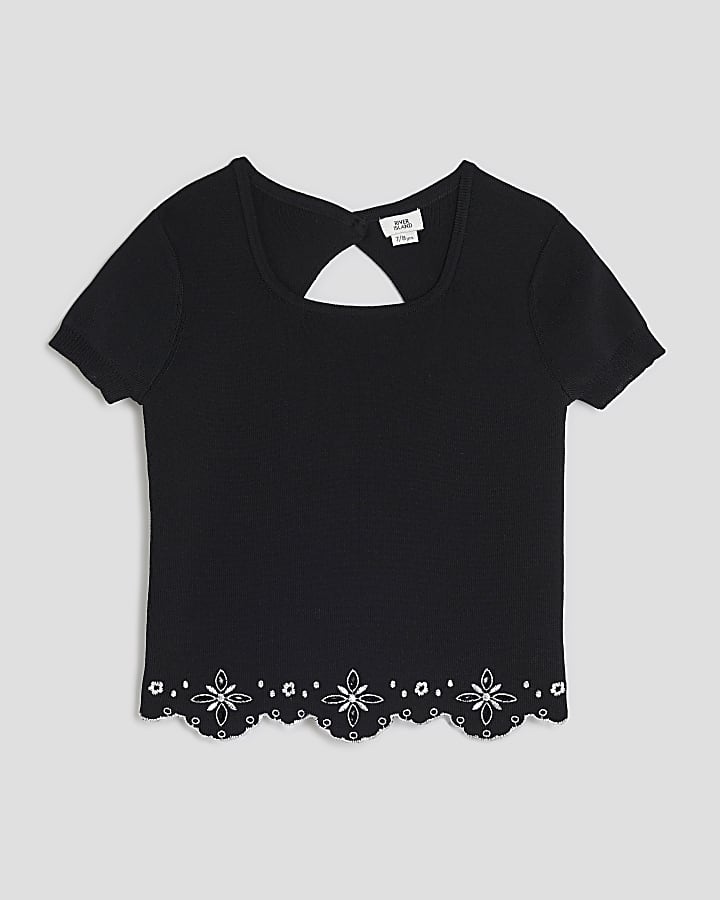 Girls Black Embroidered Hem Top