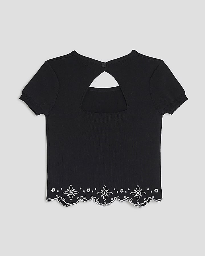 Girls Black Embroidered Hem Top