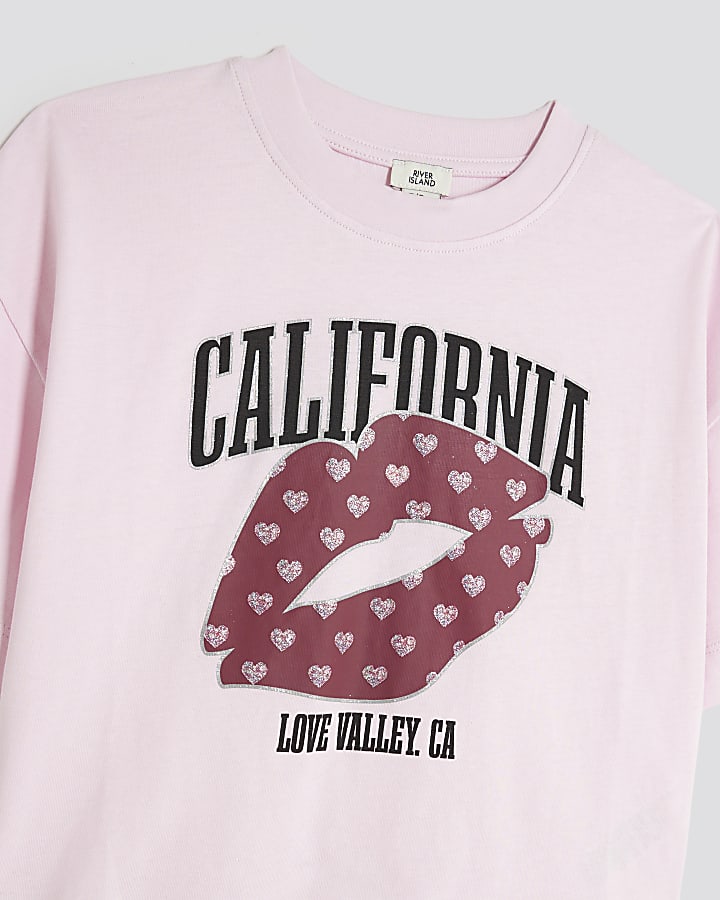 Girls Pink California Lips Crop Top Set