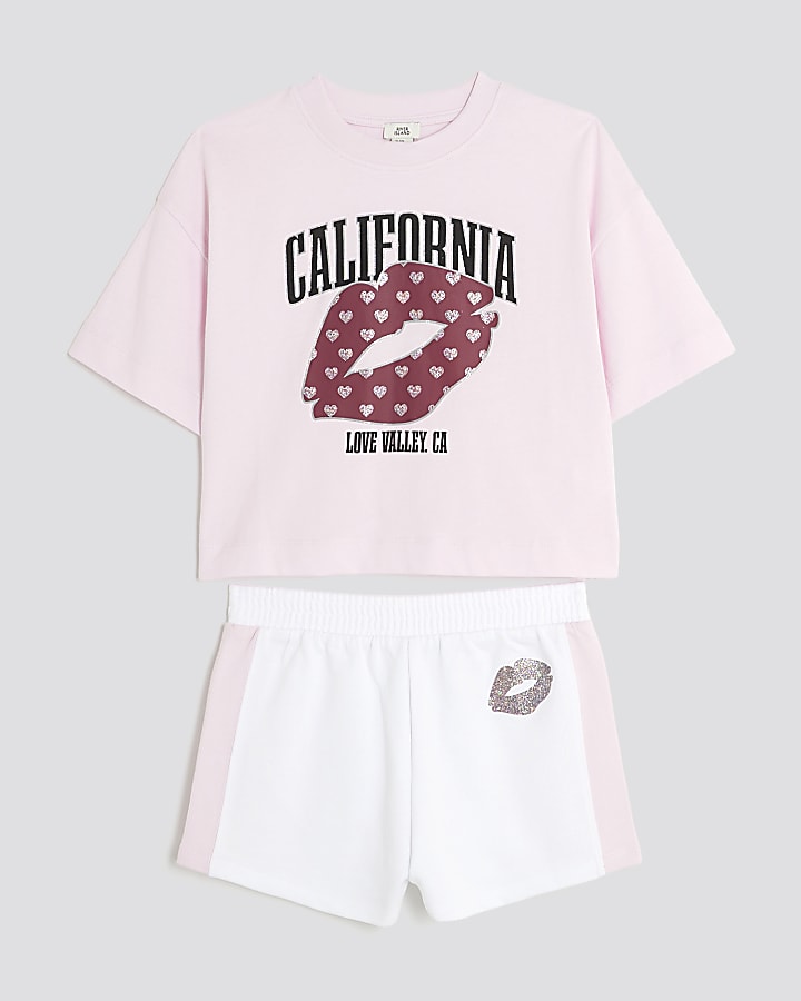 Girls Pink California Lips Crop Top Set