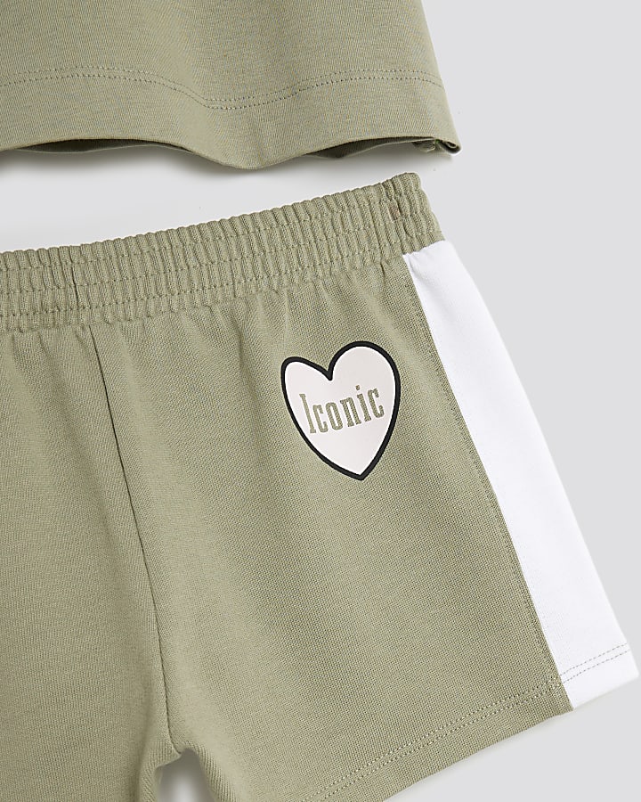 Girls Khaki Crop Top And Runner Shorts Set