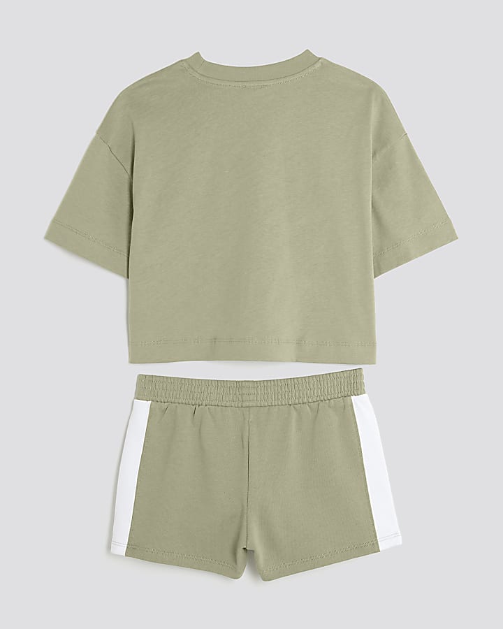 Girls Khaki Crop Top And Runner Shorts Set