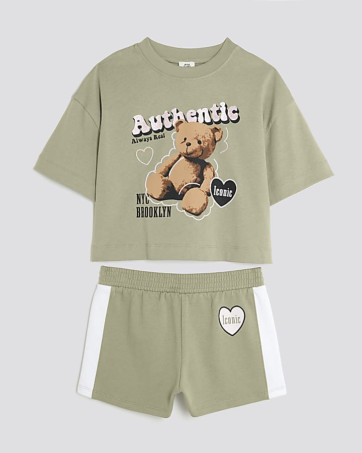 Girls Khaki Crop Top And Runner Shorts Set