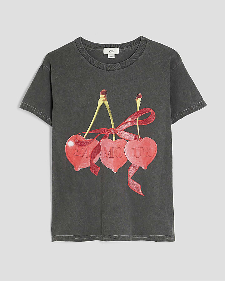 Girls Grey Cherries Print T-Shirt