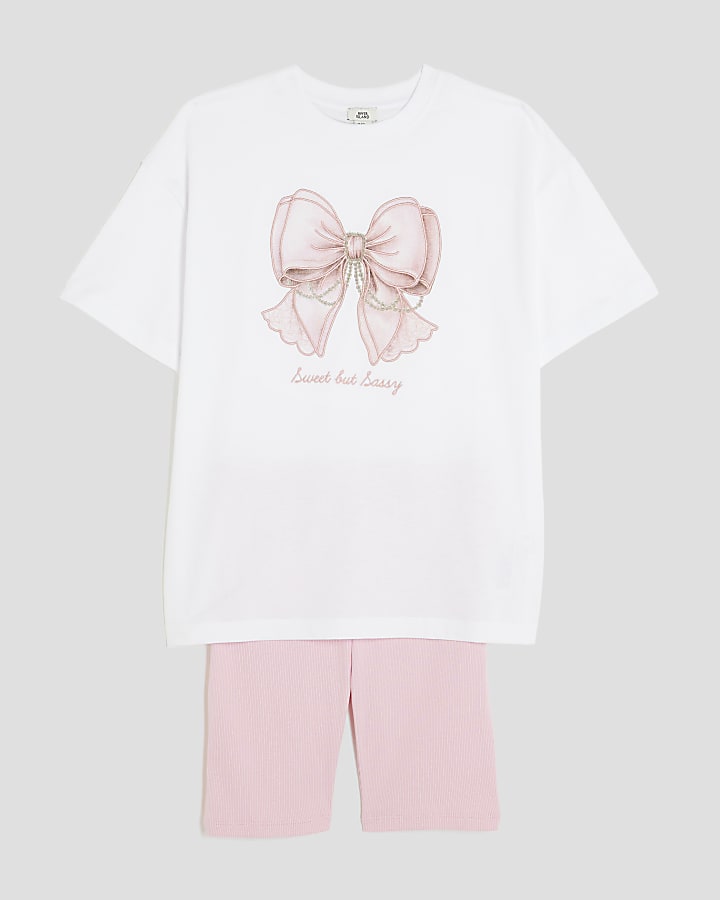 Girls Pink Bow T-Shirt And Cycle Shorts Set