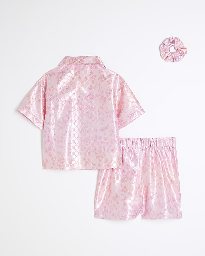 Girls Pink Satin Leopard Pyjamas Set