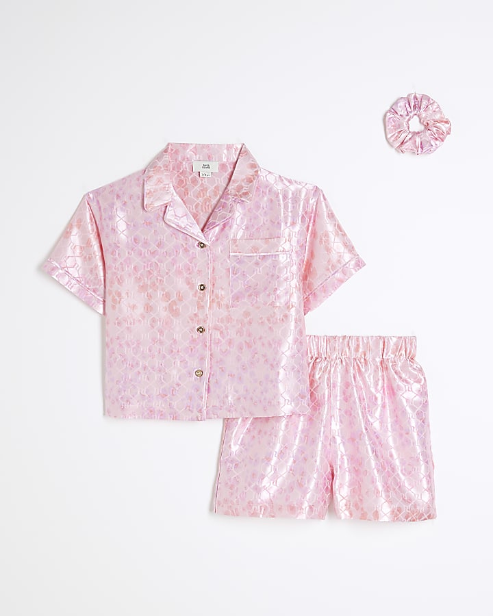 Girls Pink Satin Leopard Pyjamas Set