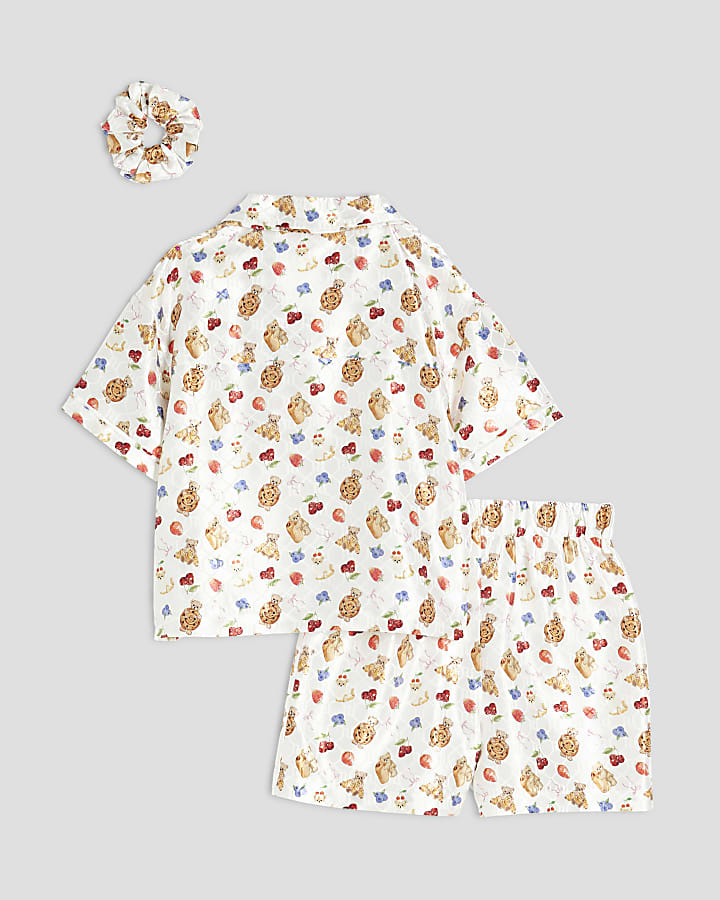 Girls Cream Satin Bakery Bear Pyjamas Set