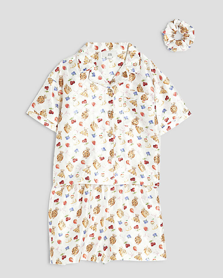 Girls Cream Satin Bakery Bear Pyjamas Set