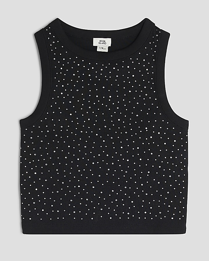 Girls Black Diamante Tank Top