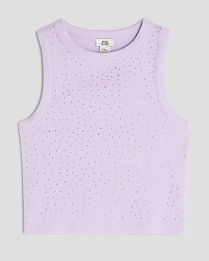 Girls Purple Diamante Tank Top