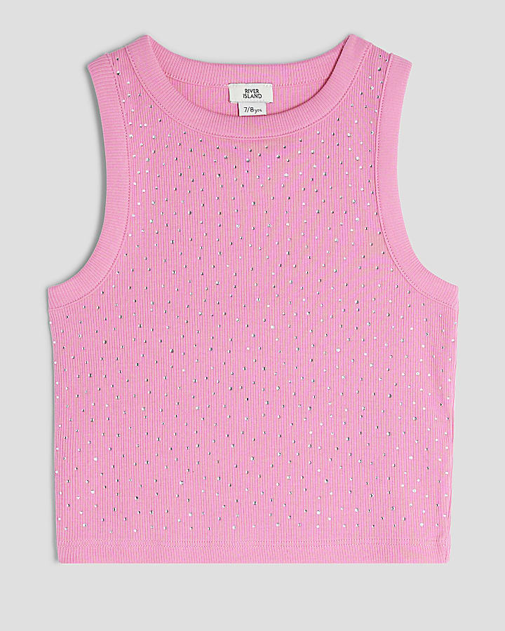 Girls Pink Diamante Tank Top