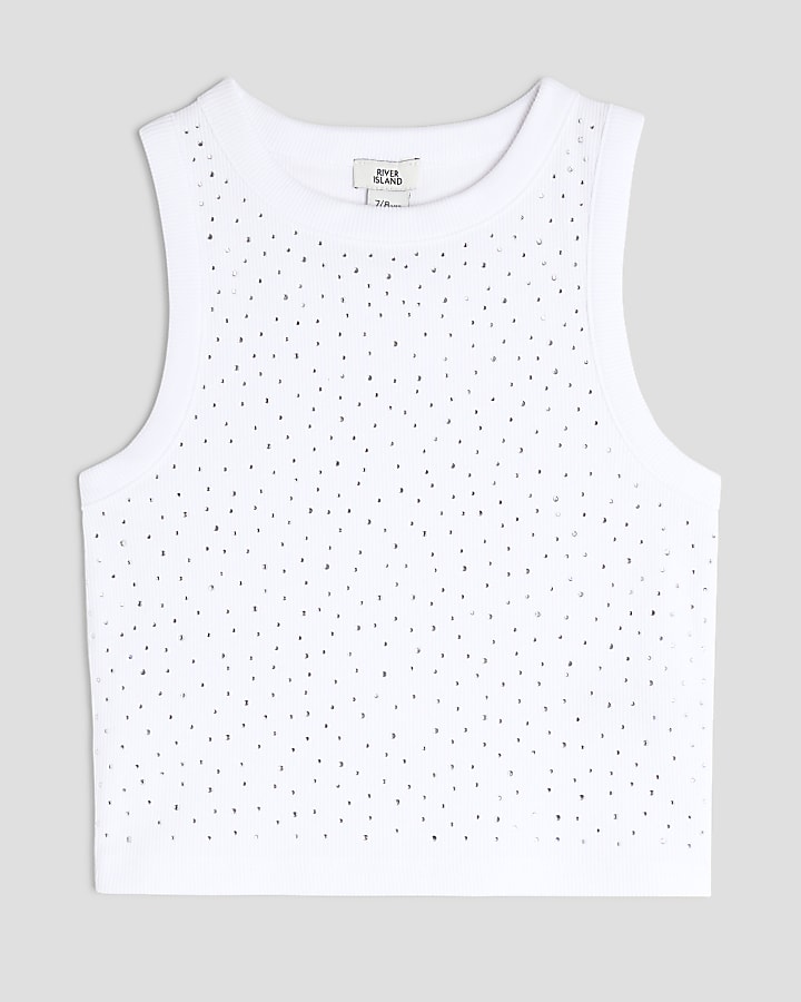 Girls White Diamante Tank Top