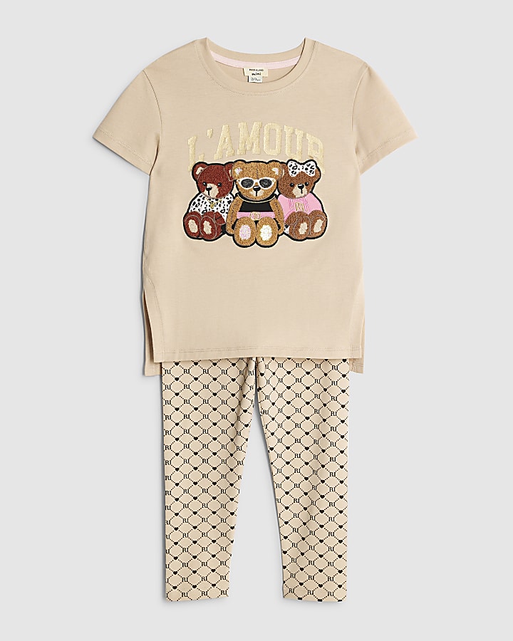 Mini Girls Beige Bear Graffiti T-Shirt Set
