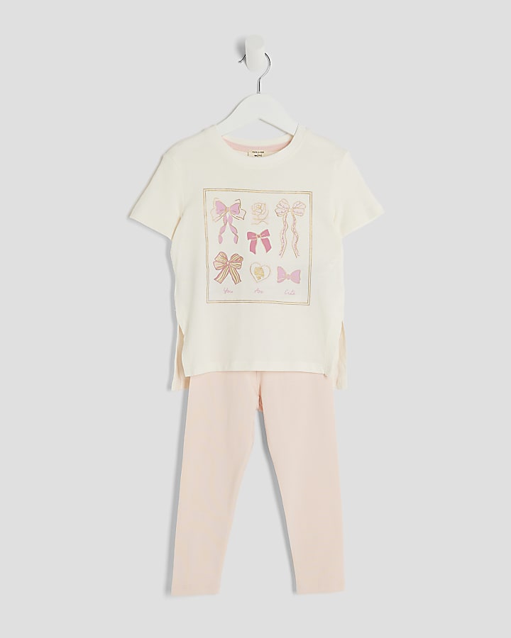 Mini Girls Cream Rose Bow T-shirt Set