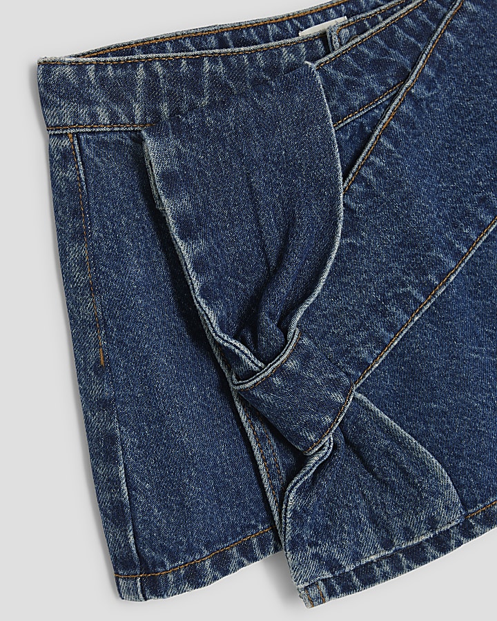 Girls Blue Denim Asymmetric Bow Skort