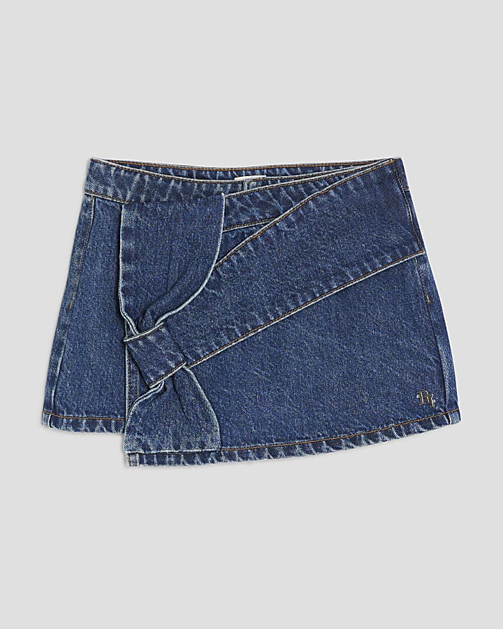 Girls Blue Denim Asymmetric Bow Skort