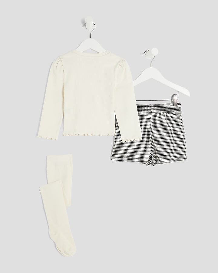 Mini Girls Cream Gingham Skort 3 Piece Set