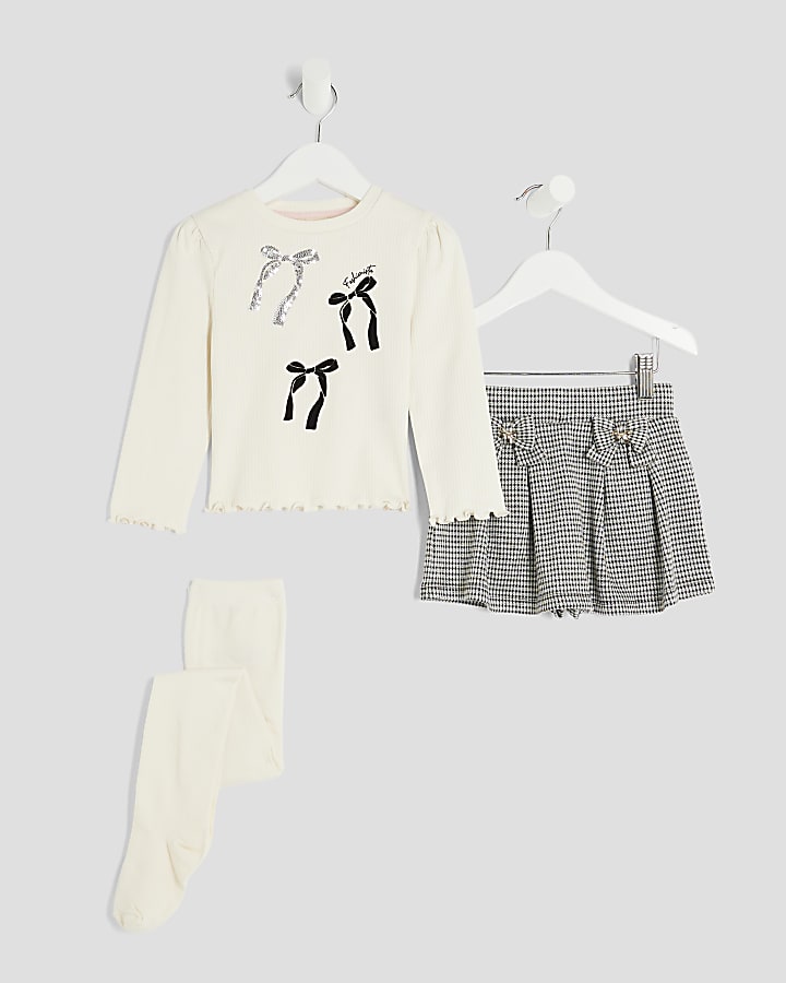 Mini Girls Cream Gingham Skort 3 Piece Set