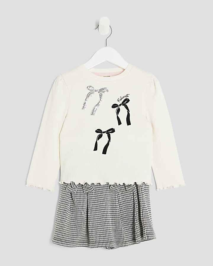 Mini Girls Cream Gingham Skort 3 Piece Set