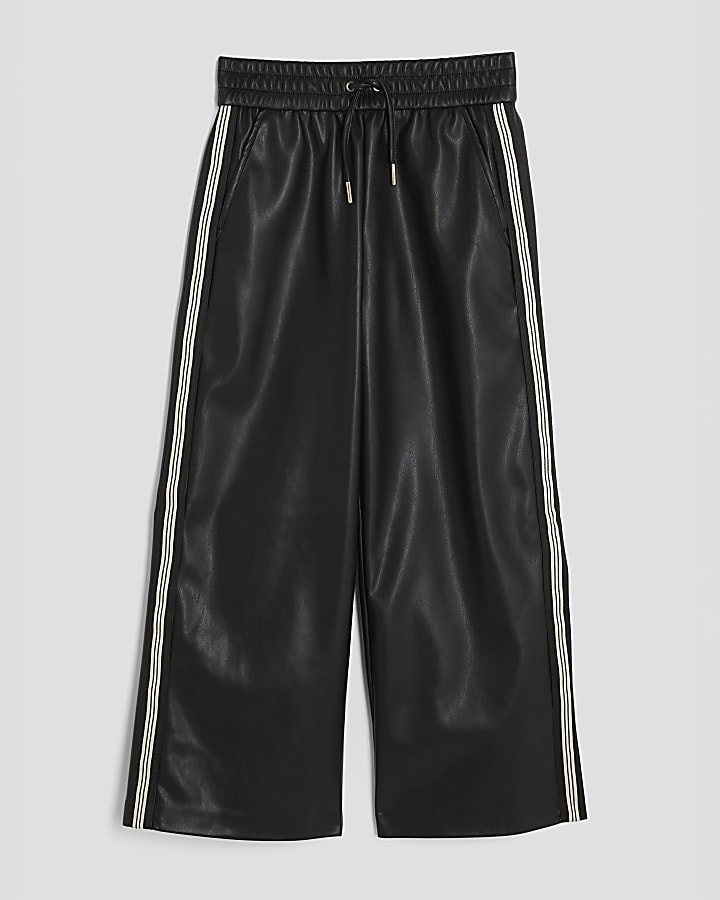 Girls Black Side Stripe Wide Leg Trousers