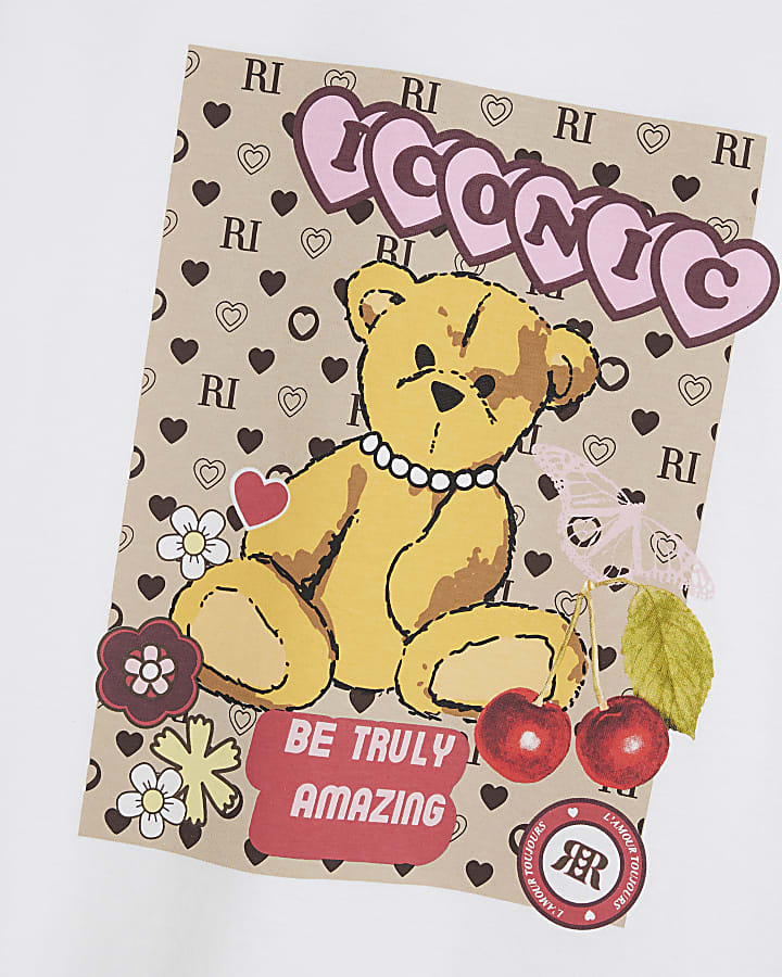 Girls White Monogram Bear T-Shirt