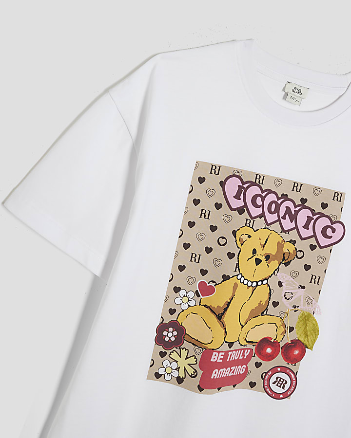 Girls White Monogram Bear T-Shirt