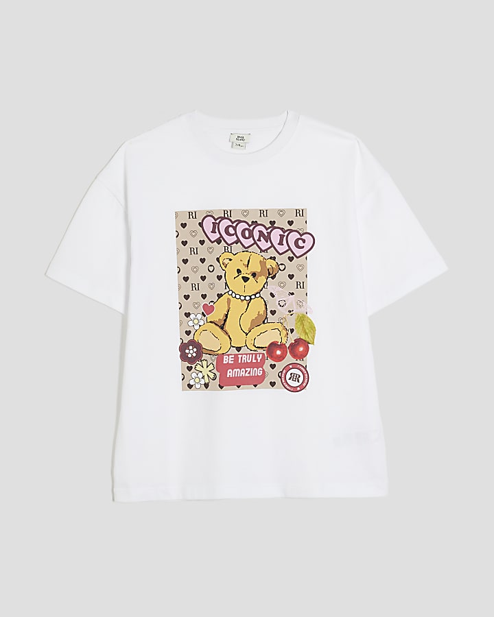 Girls White Monogram Bear T-Shirt