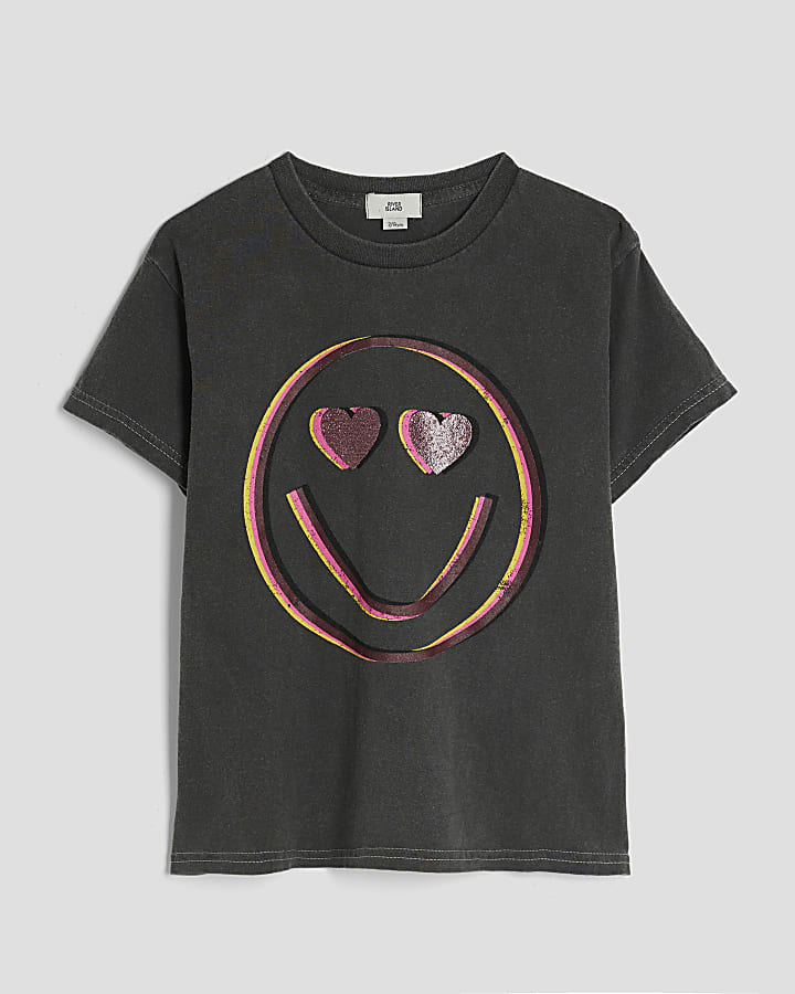 Girls Grey Neon Smiley T-Shirt