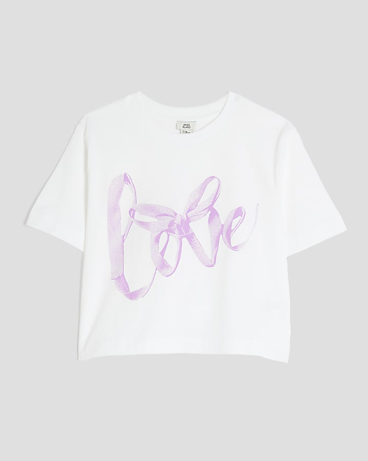 Girls White Love Ribbon Cropped T-shirt