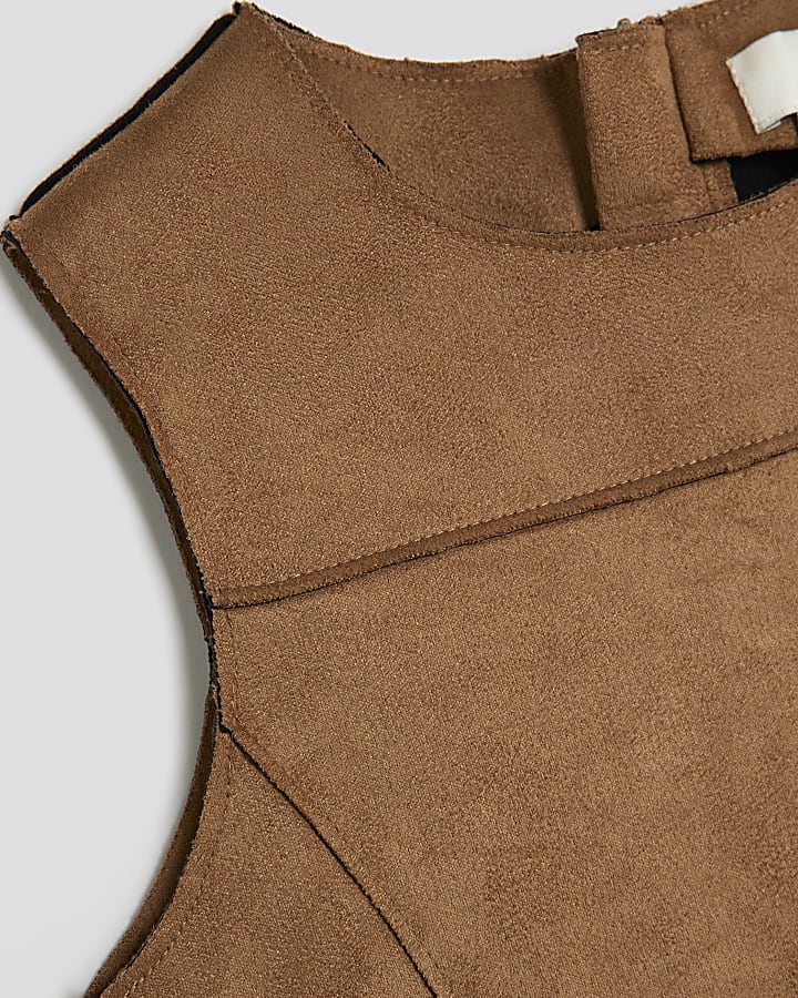 Girls Brown Faux Suede Dress With Bag