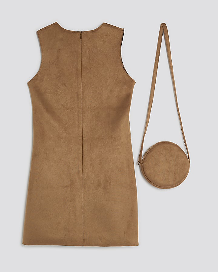 Girls Brown Faux Suede Dress With Bag