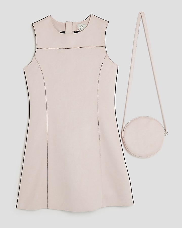 Girls Pink Faux Suede Dress With Bag