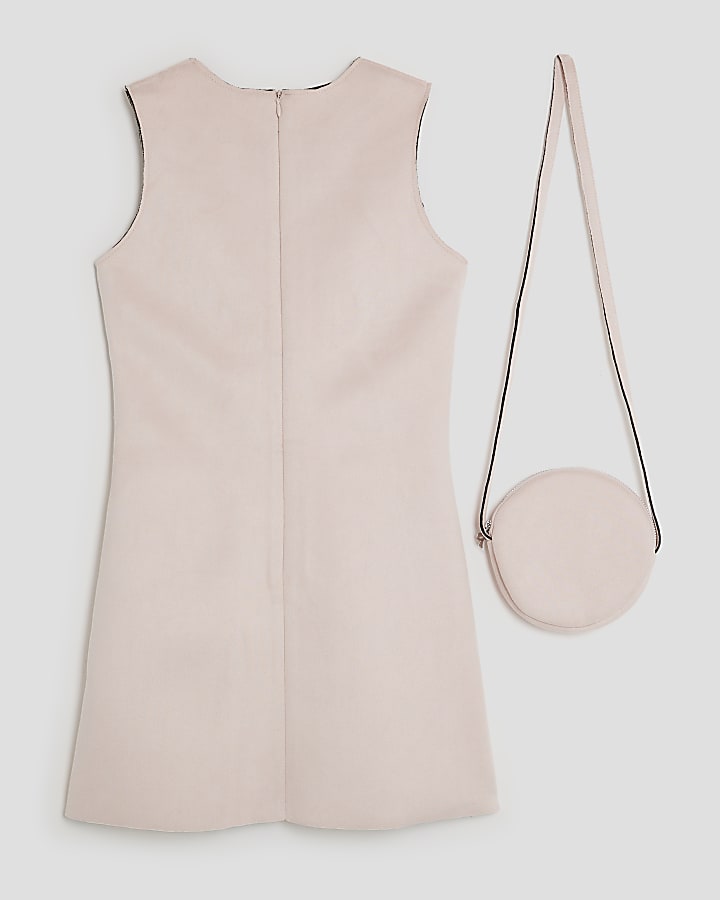 Girls Pink Faux Suede Dress With Bag