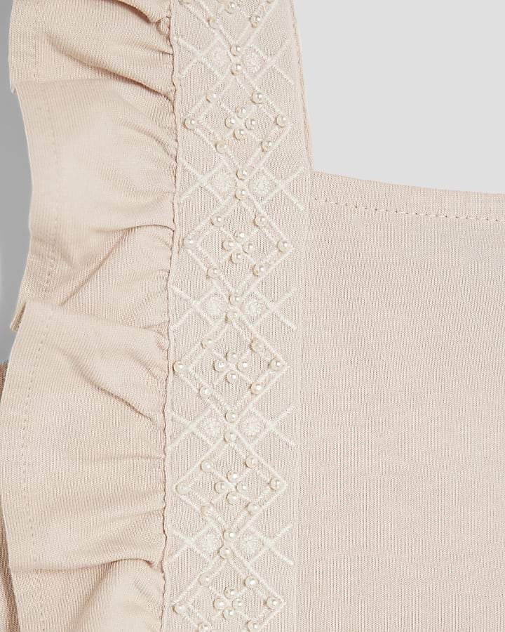 Girls Brown Frill Pleated Trousers Set