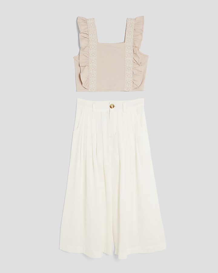 Girls Brown Frill Pleated Trousers Set