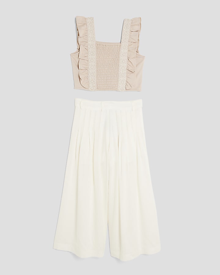 Girls Brown Frill Pleated Trousers Set