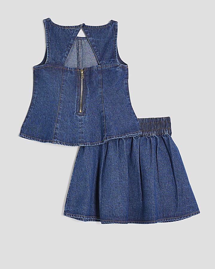 Girls Blue Denim Peplum Top And Skirt Set