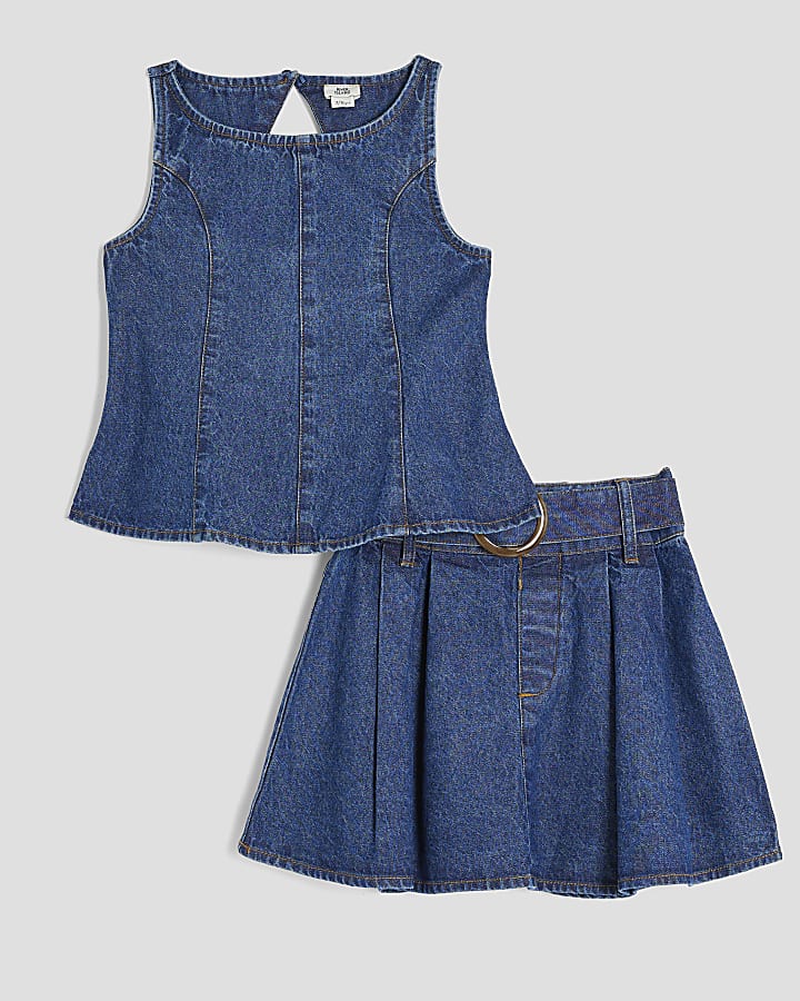 Girls Blue Denim Peplum Top And Skirt Set