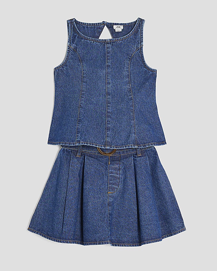 Girls Blue Denim Peplum Top And Skirt Set