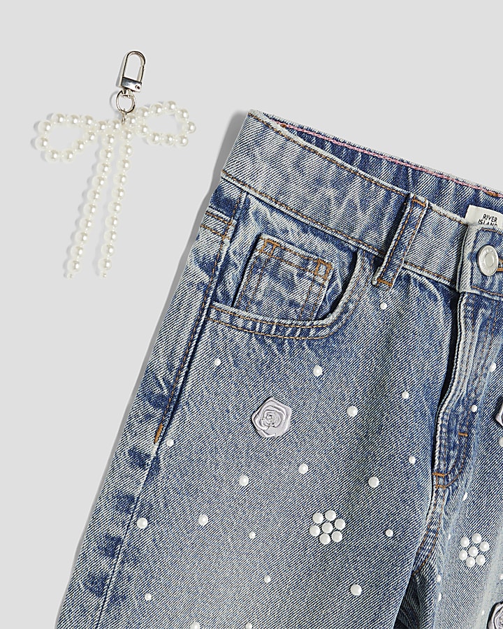 Girls Blue Straight Leg Pearl Floral Jeans