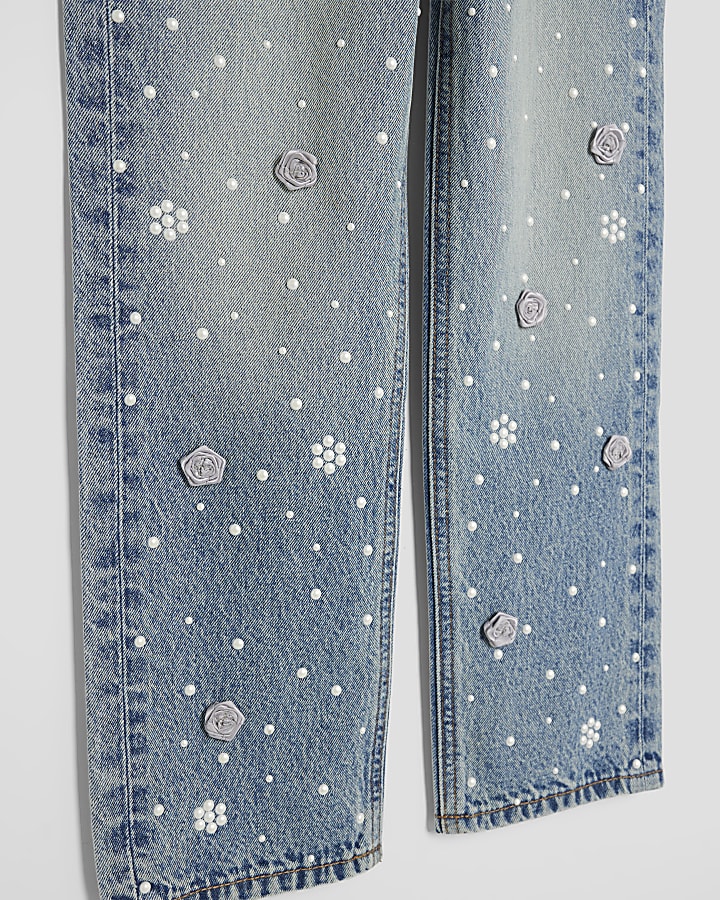 Girls Blue Straight Leg Pearl Floral Jeans