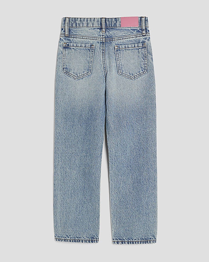 Girls Blue Straight Leg Pearl Floral Jeans