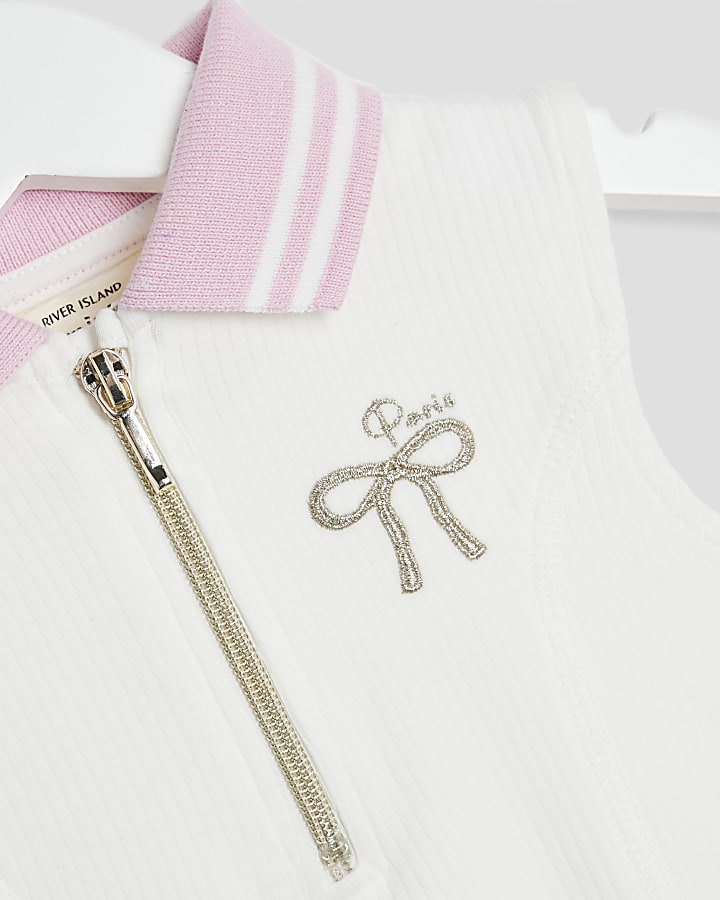 Mini Girls Cream Ribbed Bow Dress