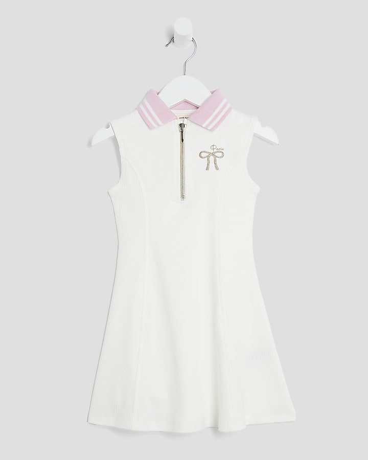 Mini Girls Cream Ribbed Bow Dress