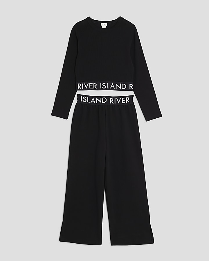 Girls Black RI Waistband Top And Joggers Set